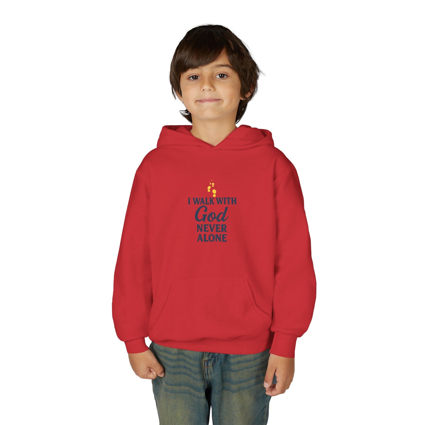 Youth Faith Hoodie – “I Walk With God Never Alone” Cozy Christian Sweatshirt for Kids