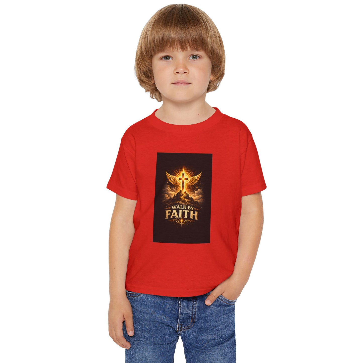 Toddler T‑Shirt — Walk By Faith Golden Cross & Wings Christian Shirt