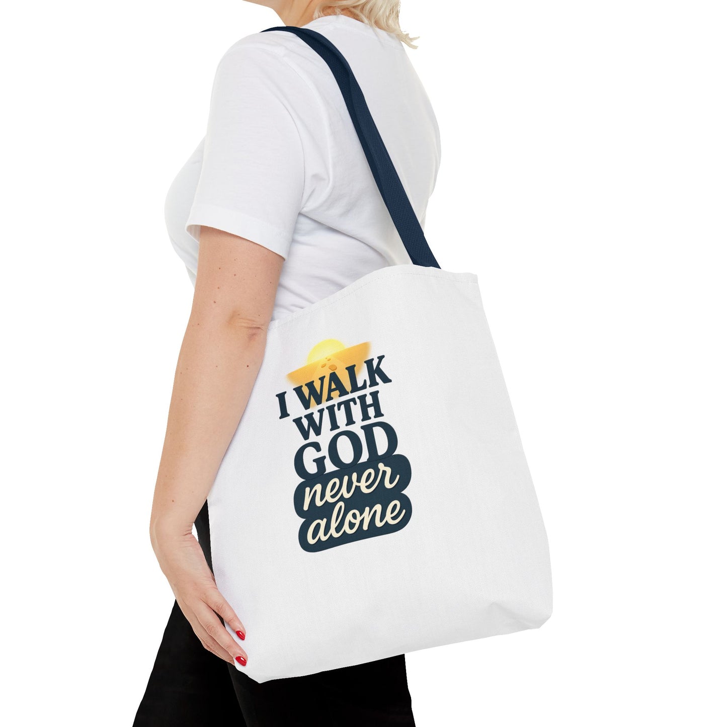 Inspirational Tote Bag - I Walk with God Never Alone, Faith Gift, Motivational Bag, Scripture Tote, Church Accessory, Christian Merchandise
