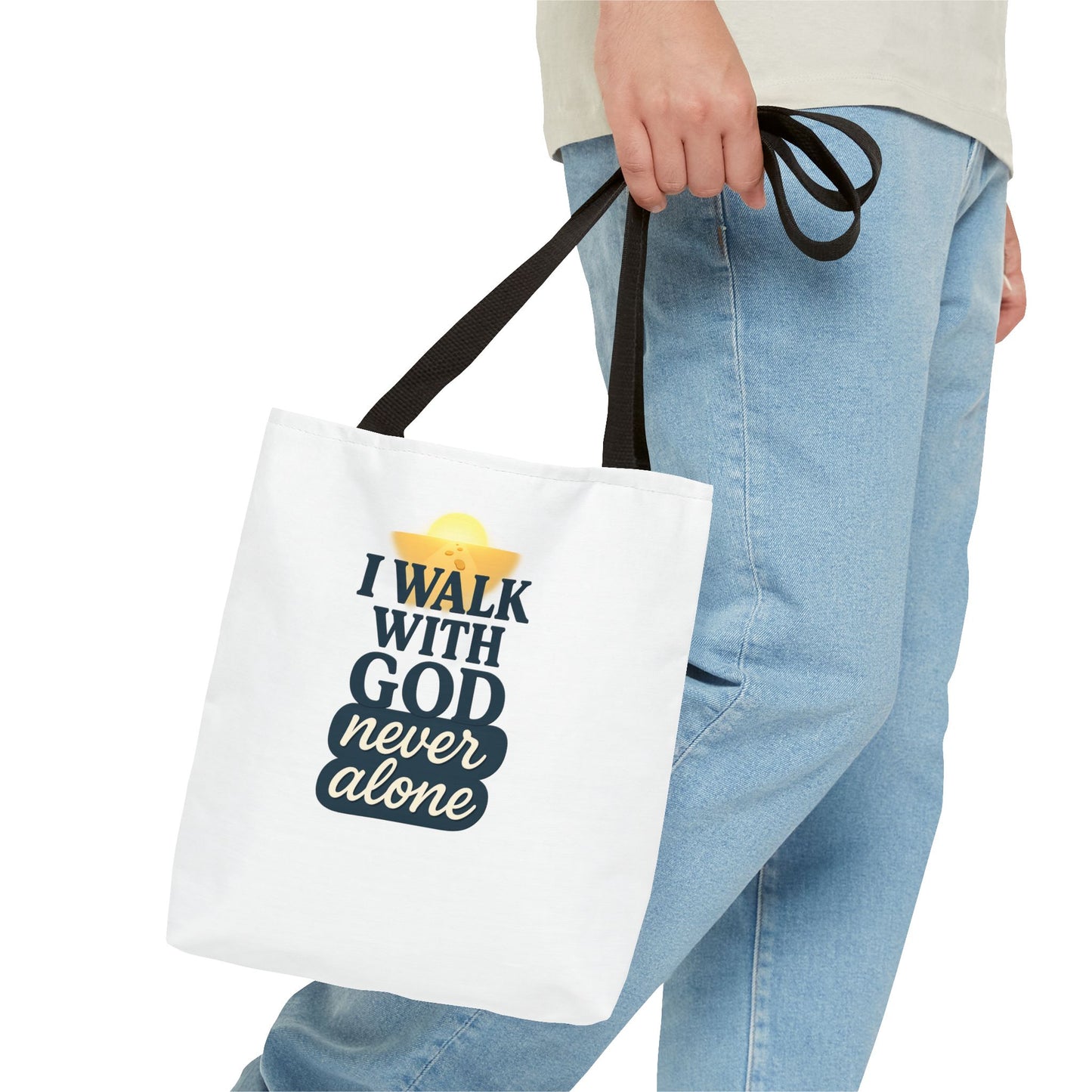 Inspirational Tote Bag - I Walk with God Never Alone, Faith Gift, Motivational Bag, Scripture Tote, Church Accessory, Christian Merchandise