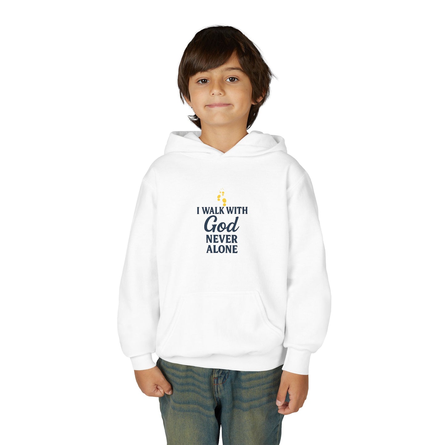Youth Faith Hoodie – “I Walk With God Never Alone”  Cozy Christian Sweatshirt for Kids