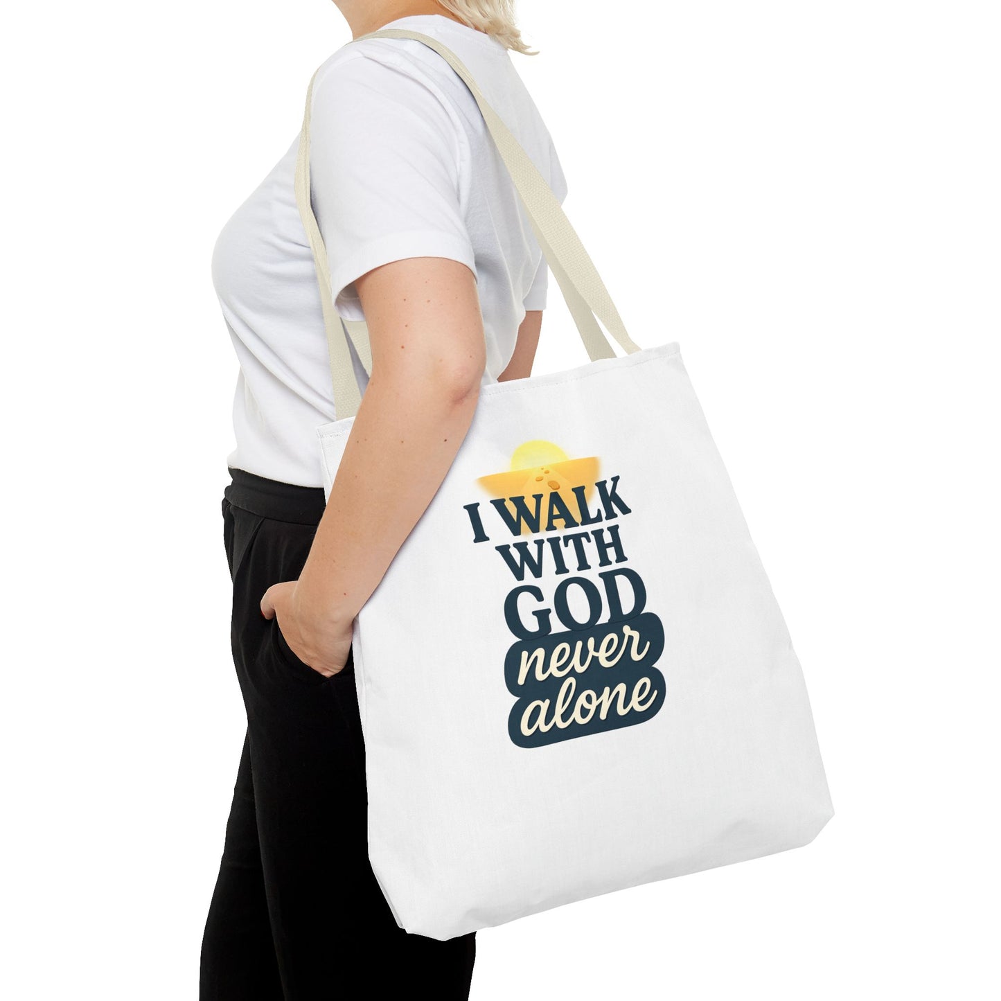 Inspirational Tote Bag - I Walk with God Never Alone, Faith Gift, Motivational Bag, Scripture Tote, Church Accessory, Christian Merchandise