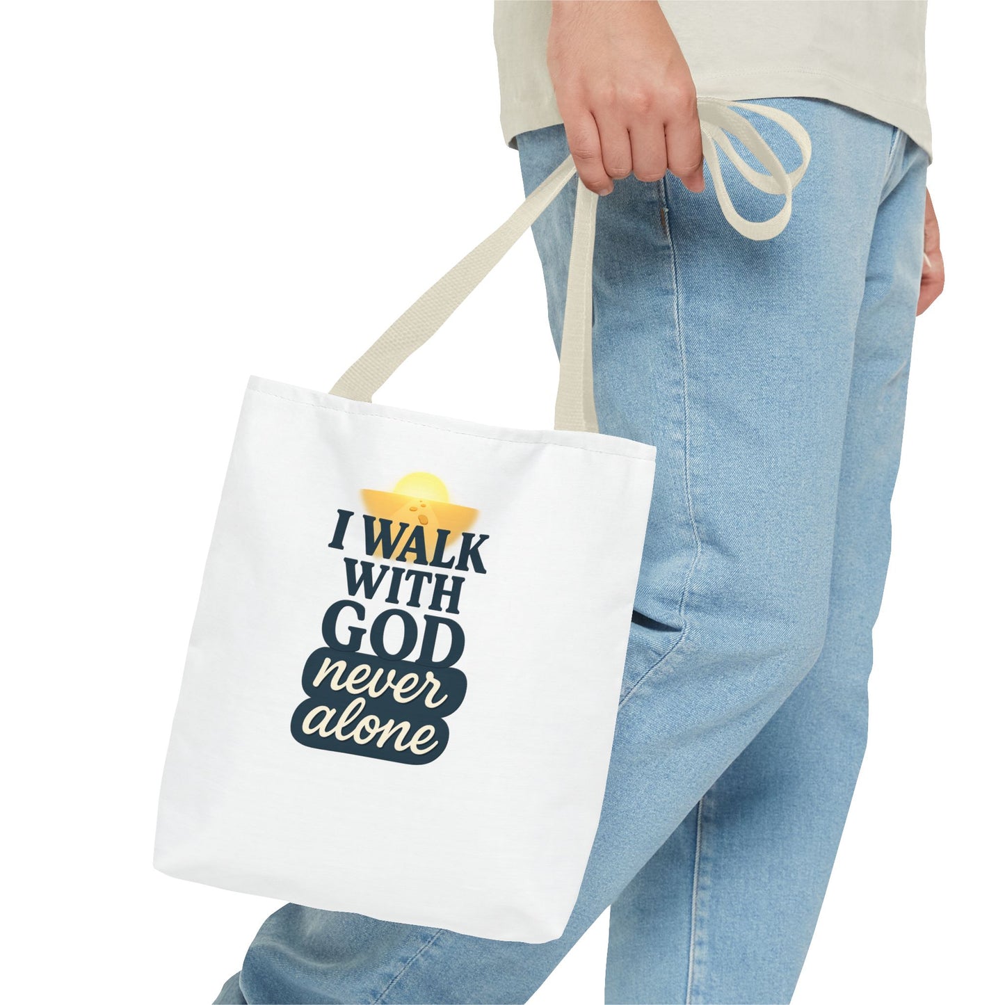 Inspirational Tote Bag - I Walk with God Never Alone, Faith Gift, Motivational Bag, Scripture Tote, Church Accessory, Christian Merchandise