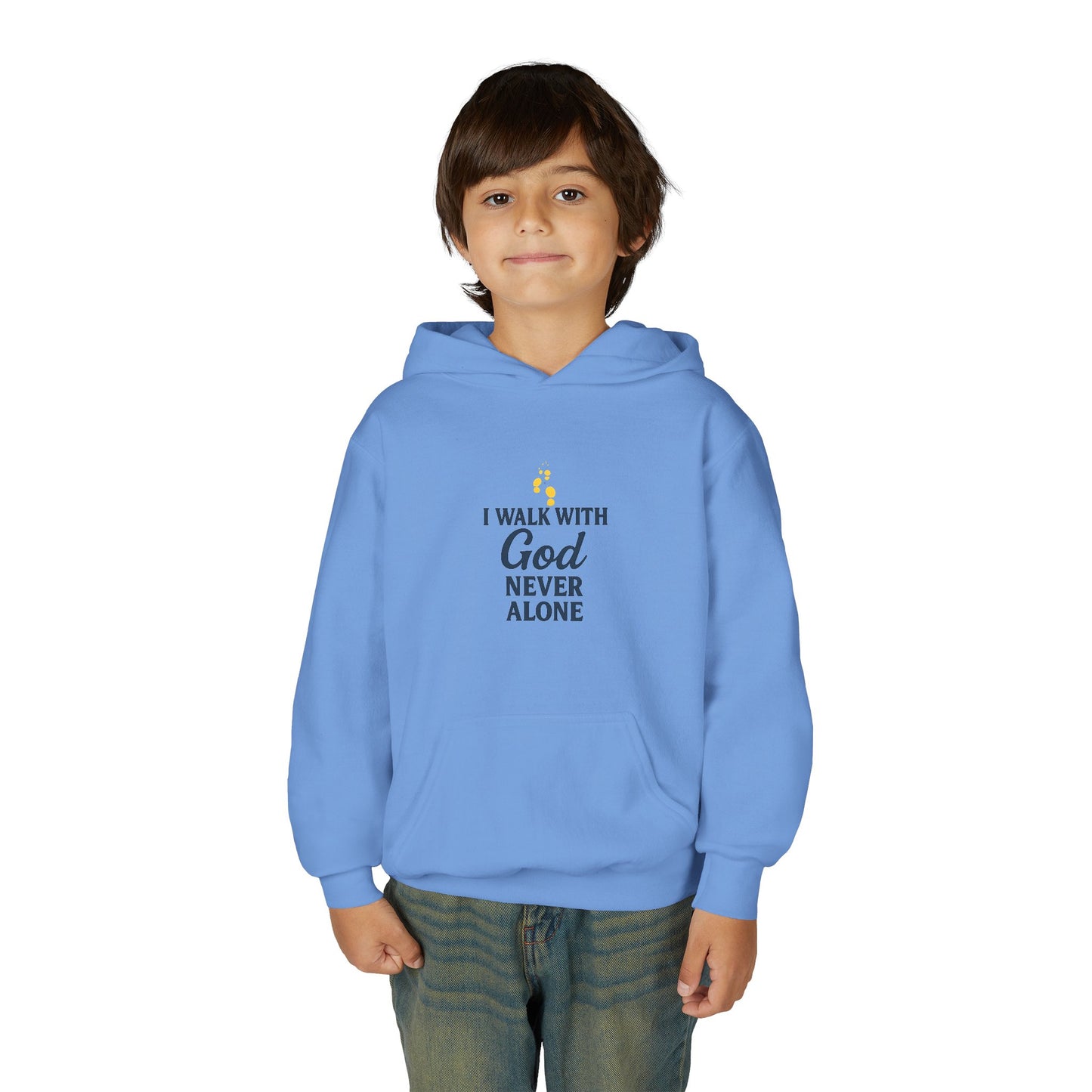 Youth Faith Hoodie – “I Walk With God Never Alone”  Cozy Christian Sweatshirt for Kids