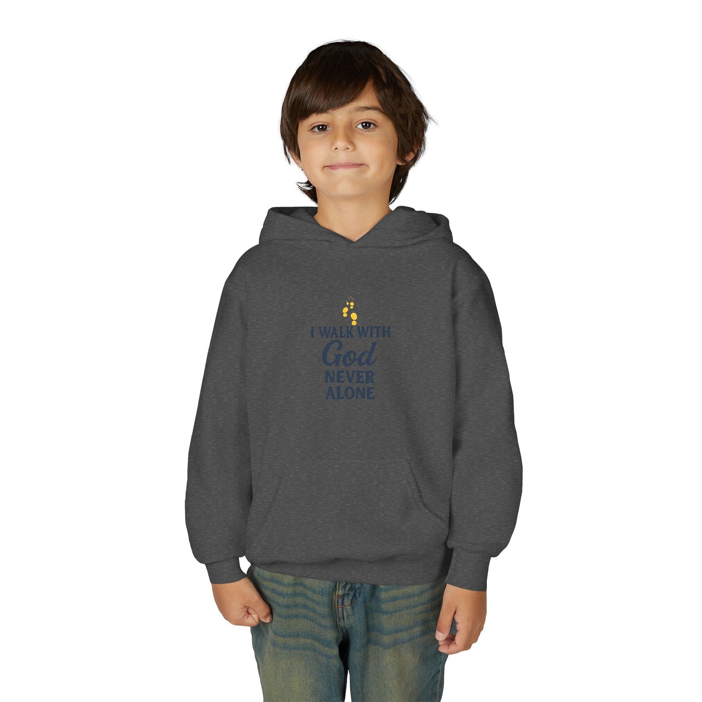 Youth Faith Hoodie – “I Walk With God Never Alone”  Cozy Christian Sweatshirt for Kids
