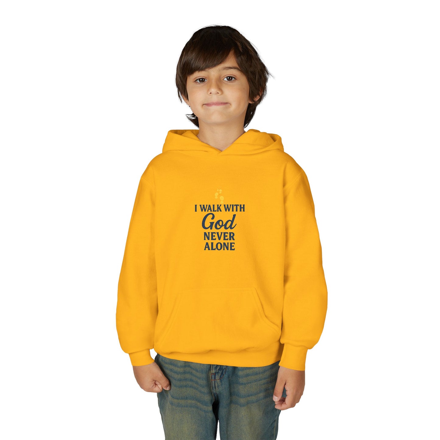 Youth Faith Hoodie – “I Walk With God Never Alone”  Cozy Christian Sweatshirt for Kids