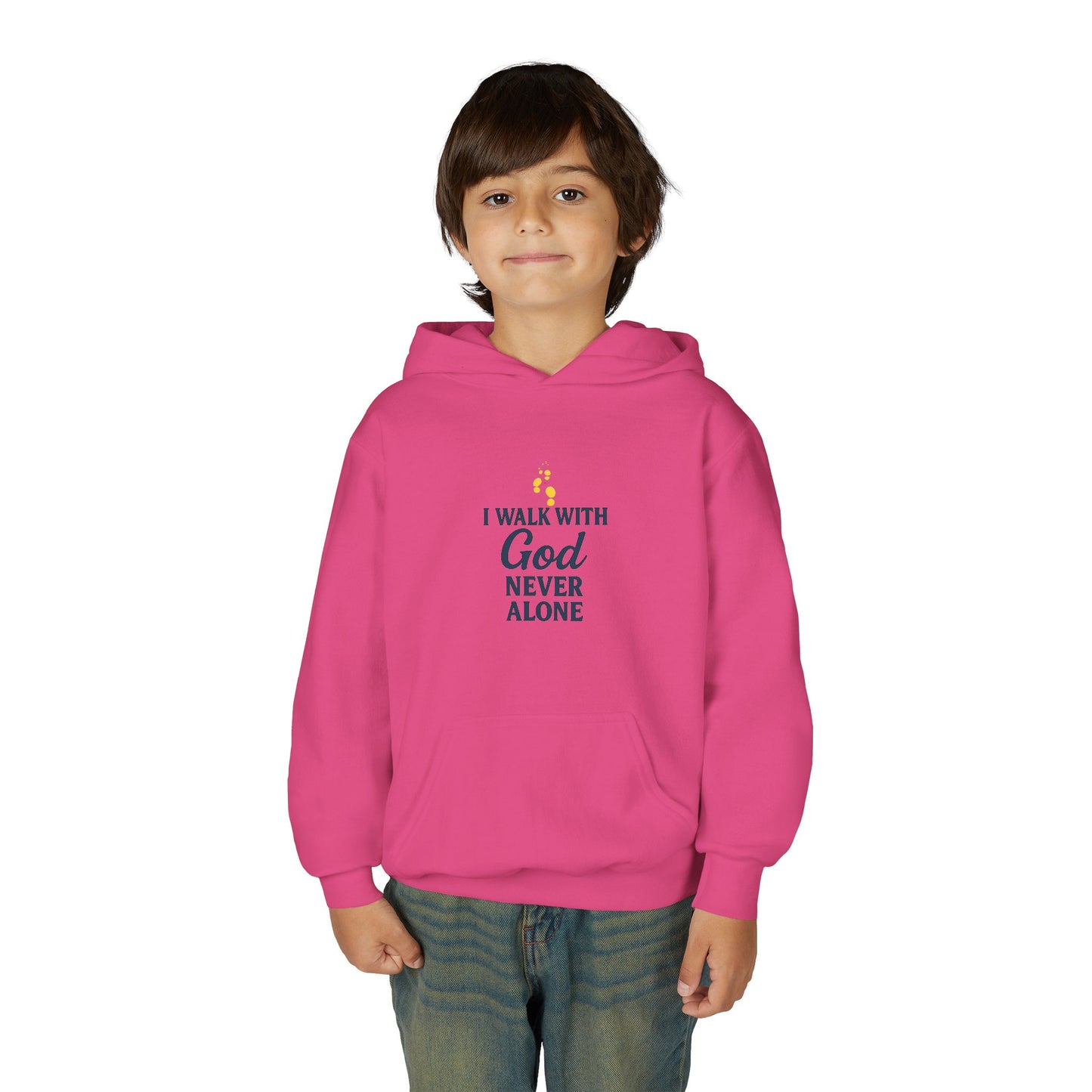Youth Faith Hoodie – “I Walk With God Never Alone”  Cozy Christian Sweatshirt for Kids