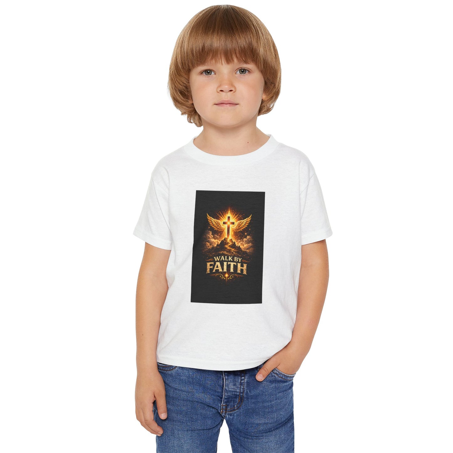 Toddler T‑Shirt — Walk By Faith Golden Cross & Wings Christian Shirt