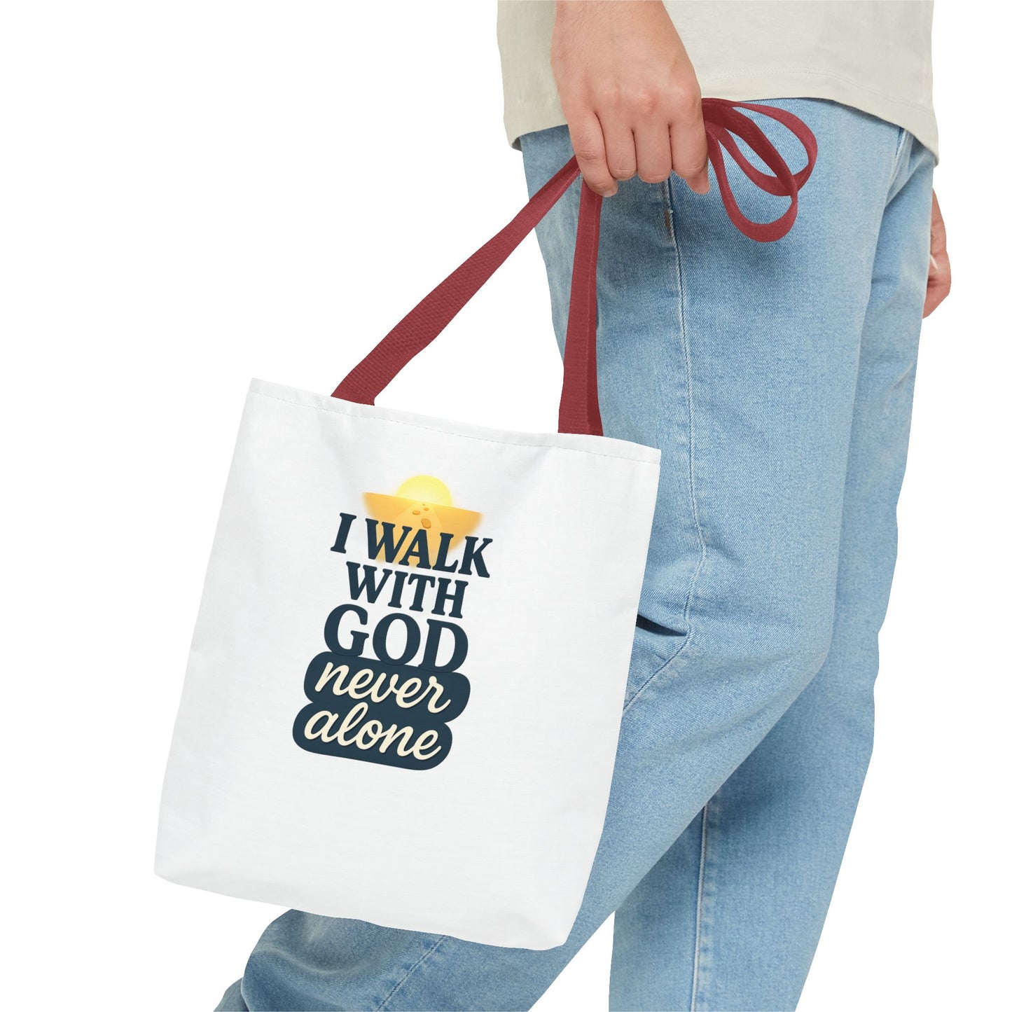 Inspirational Tote Bag - I Walk with God Never Alone, Faith Gift, Motivational Bag, Scripture Tote, Church Accessory, Christian Merchandise