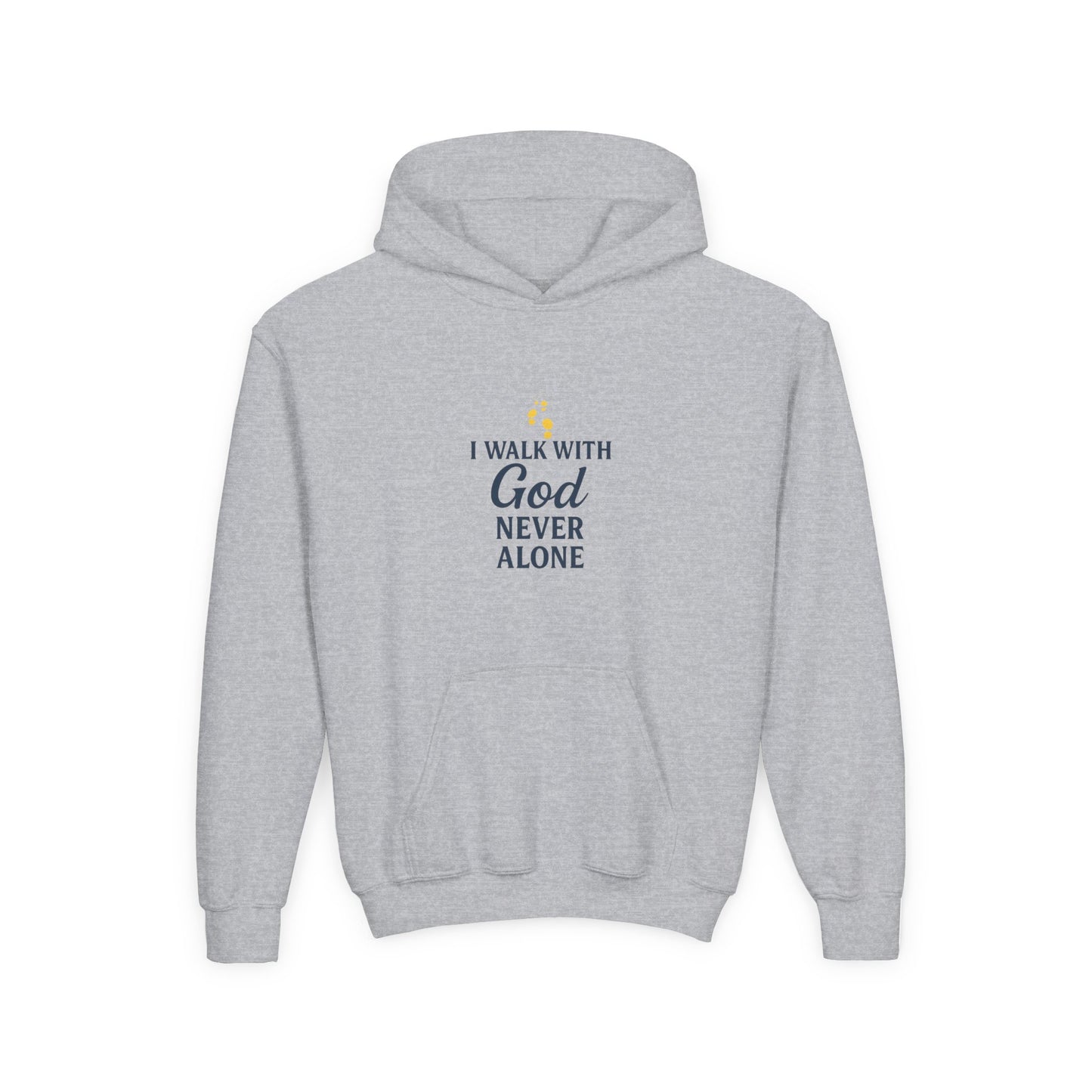 Youth Faith Hoodie – “I Walk With God Never Alone”  Cozy Christian Sweatshirt for Kids