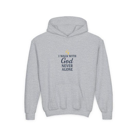 Youth Faith Hoodie – “I Walk With God Never Alone”  Cozy Christian Sweatshirt for Kids