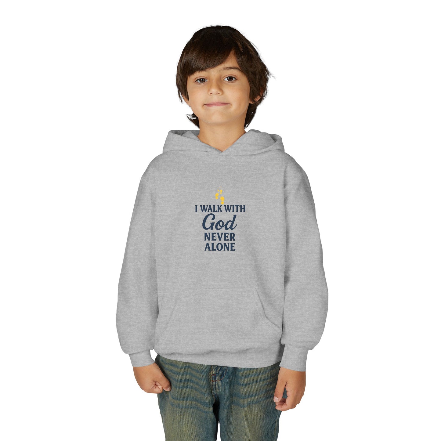 Youth Faith Hoodie – “I Walk With God Never Alone”  Cozy Christian Sweatshirt for Kids