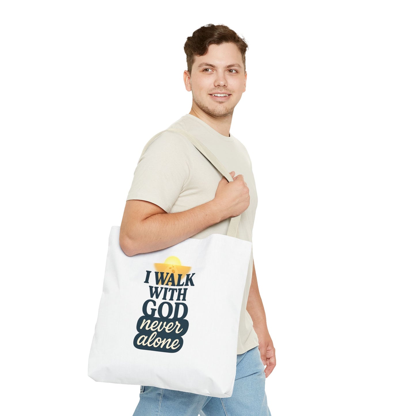 Inspirational Tote Bag - I Walk with God Never Alone, Faith Gift, Motivational Bag, Scripture Tote, Church Accessory, Christian Merchandise