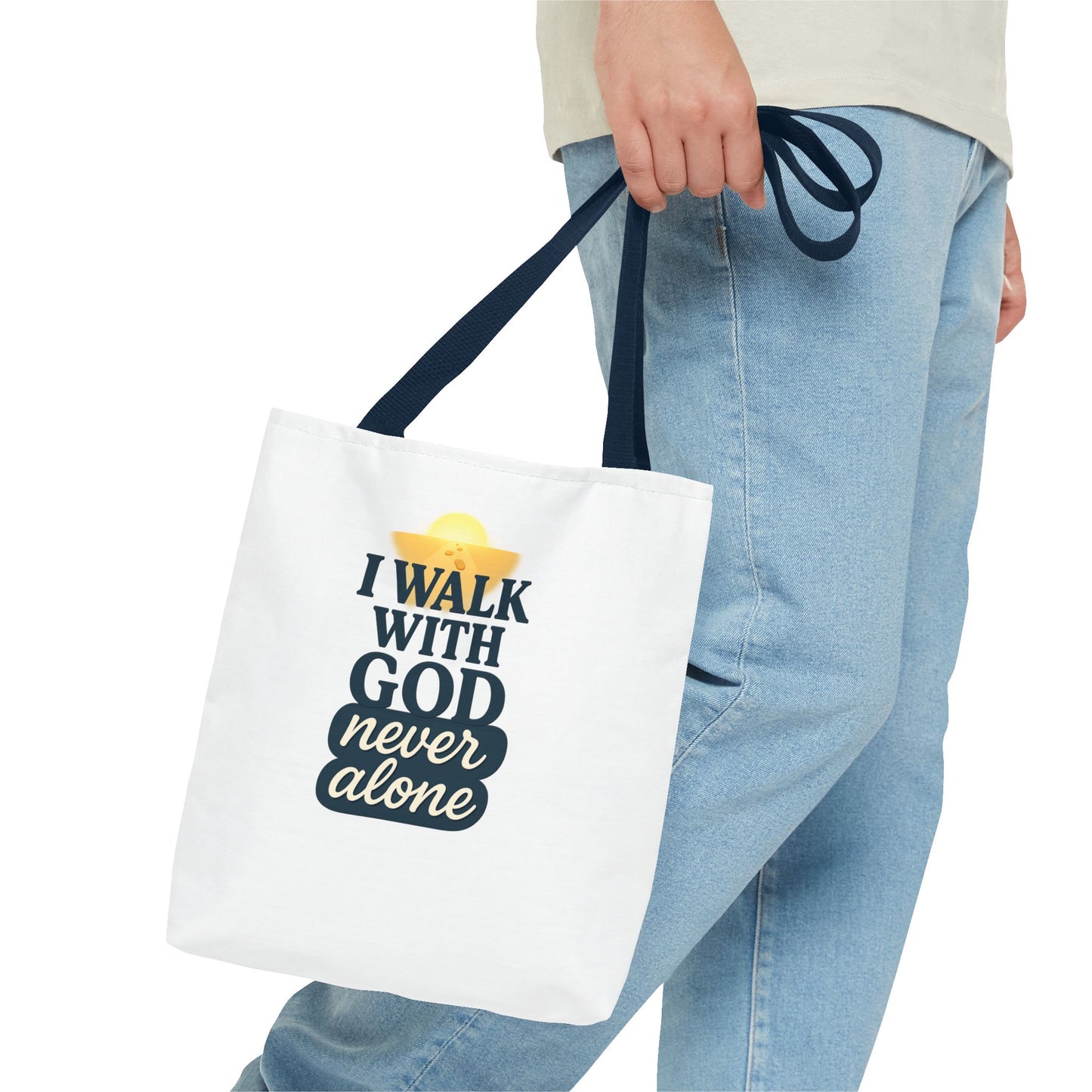 Inspirational Tote Bag - I Walk with God Never Alone, Faith Gift, Motivational Bag, Scripture Tote, Church Accessory, Christian Merchandise