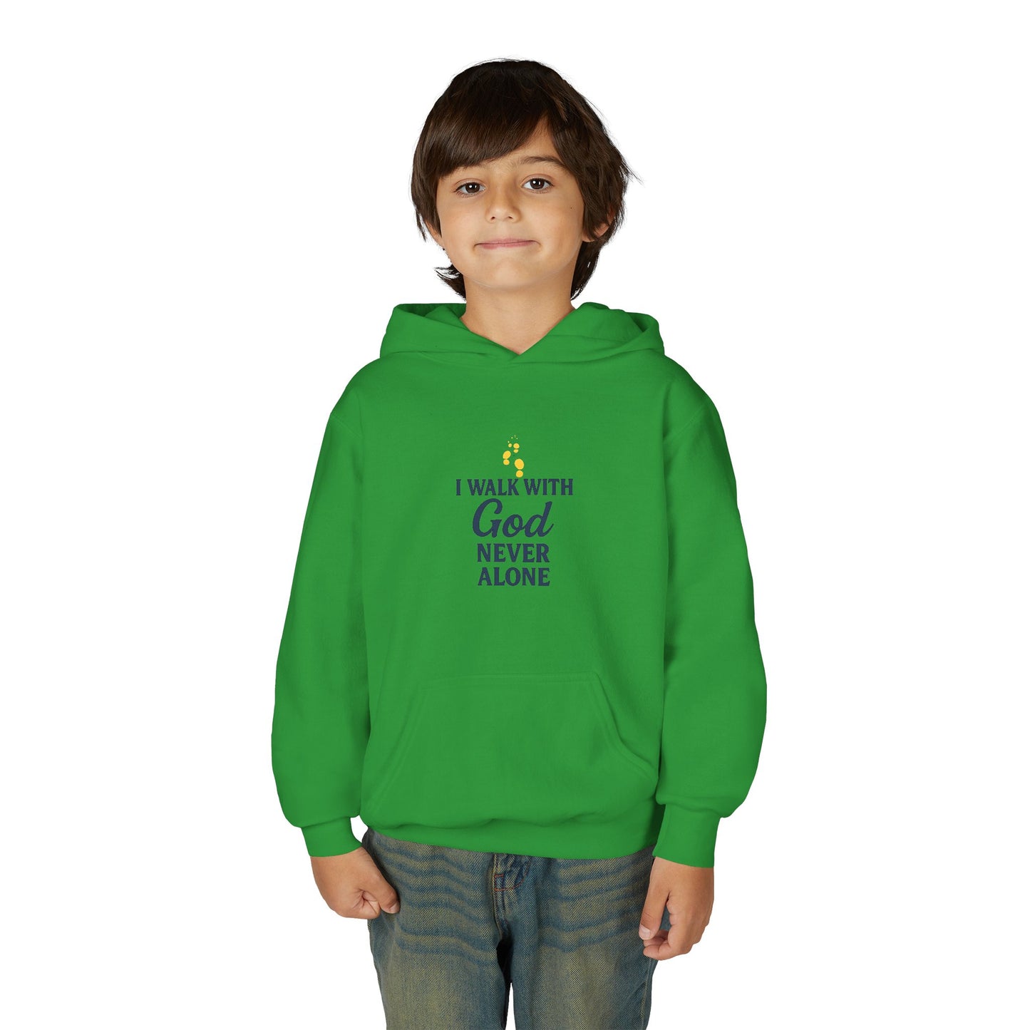 Youth Faith Hoodie – “I Walk With God Never Alone”  Cozy Christian Sweatshirt for Kids