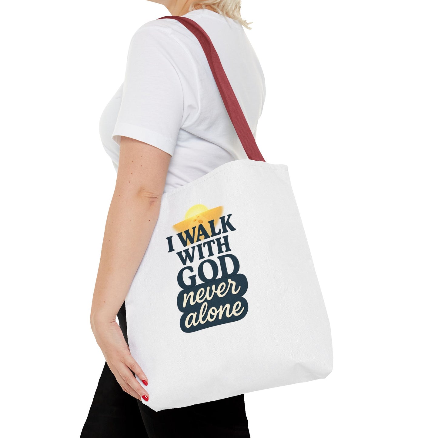 Inspirational Tote Bag - I Walk with God Never Alone, Faith Gift, Motivational Bag, Scripture Tote, Church Accessory, Christian Merchandise