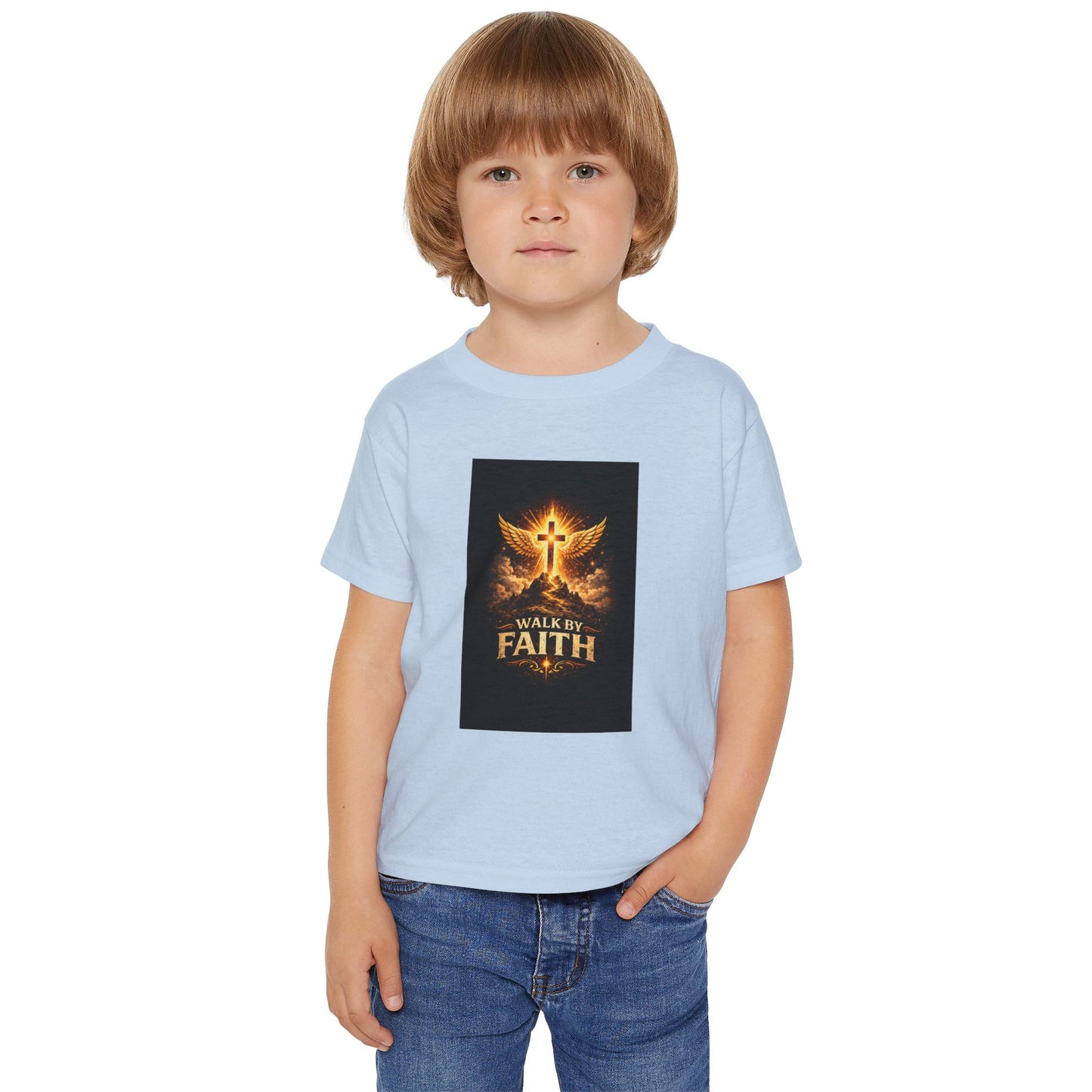 Toddler T‑Shirt — Walk By Faith Golden Cross & Wings Christian Shirt