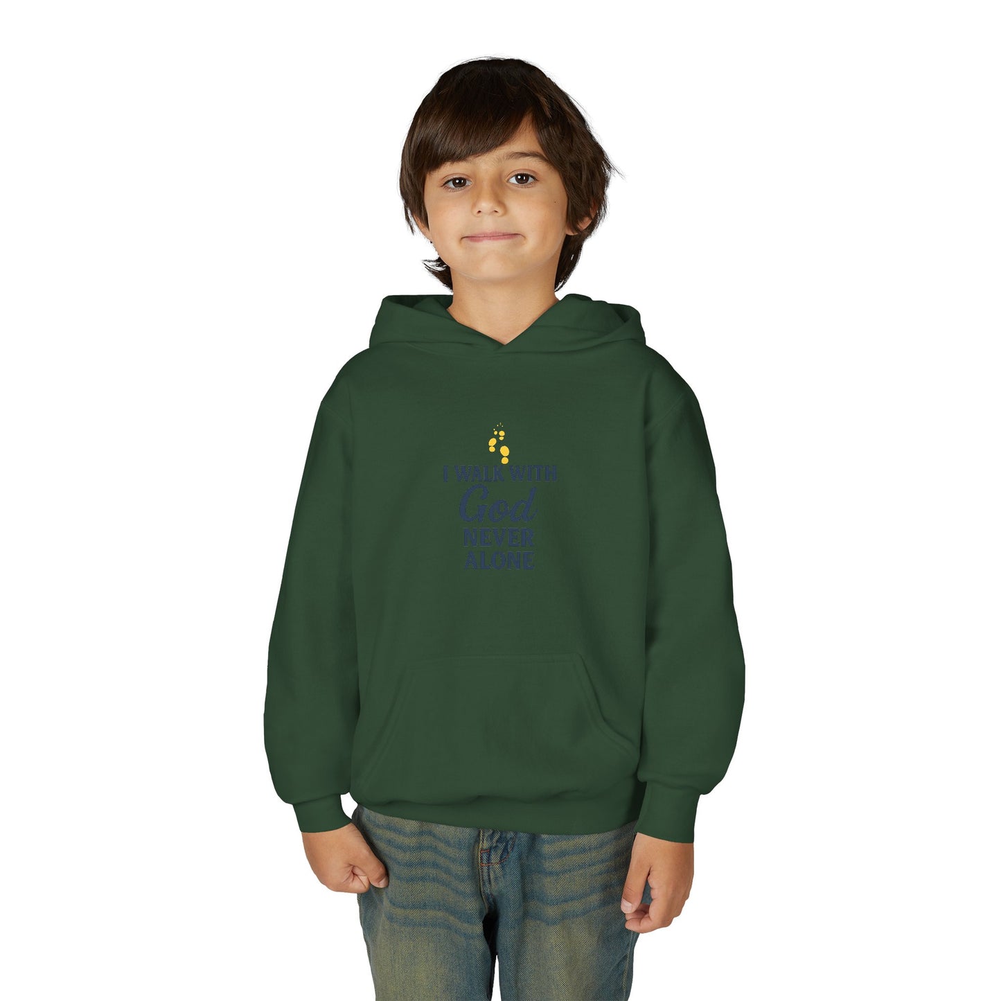 Youth Faith Hoodie – “I Walk With God Never Alone”  Cozy Christian Sweatshirt for Kids