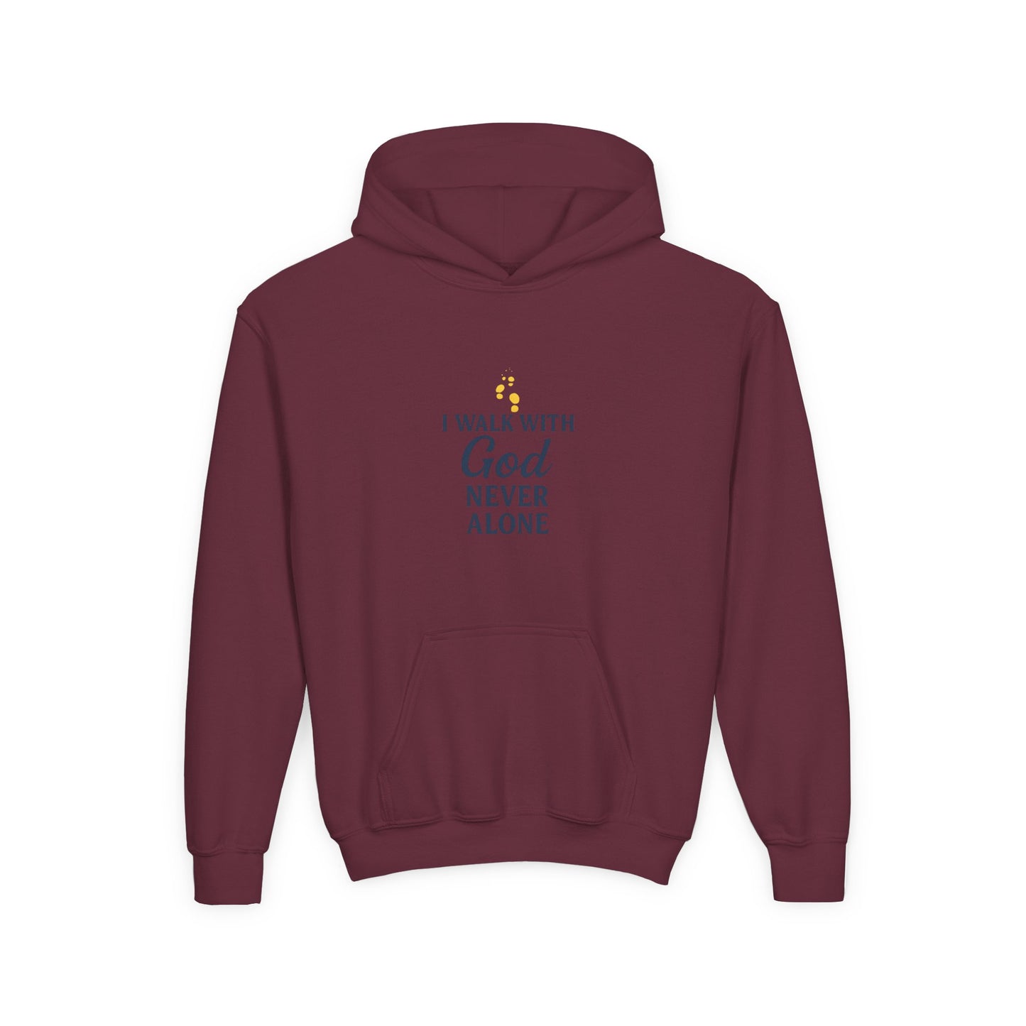 Youth Faith Hoodie – “I Walk With God Never Alone”  Cozy Christian Sweatshirt for Kids
