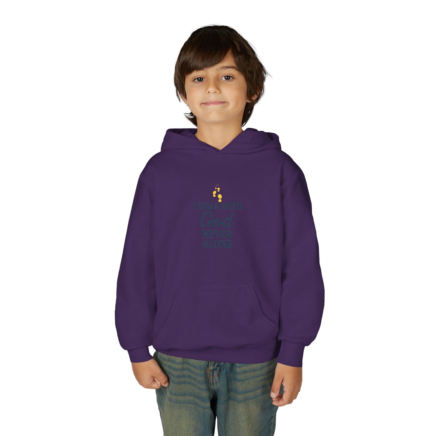 Youth Faith Hoodie – “I Walk With God Never Alone”  Cozy Christian Sweatshirt for Kids