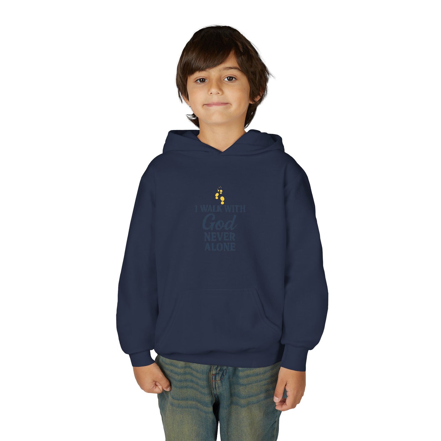 Youth Faith Hoodie – “I Walk With God Never Alone”  Cozy Christian Sweatshirt for Kids