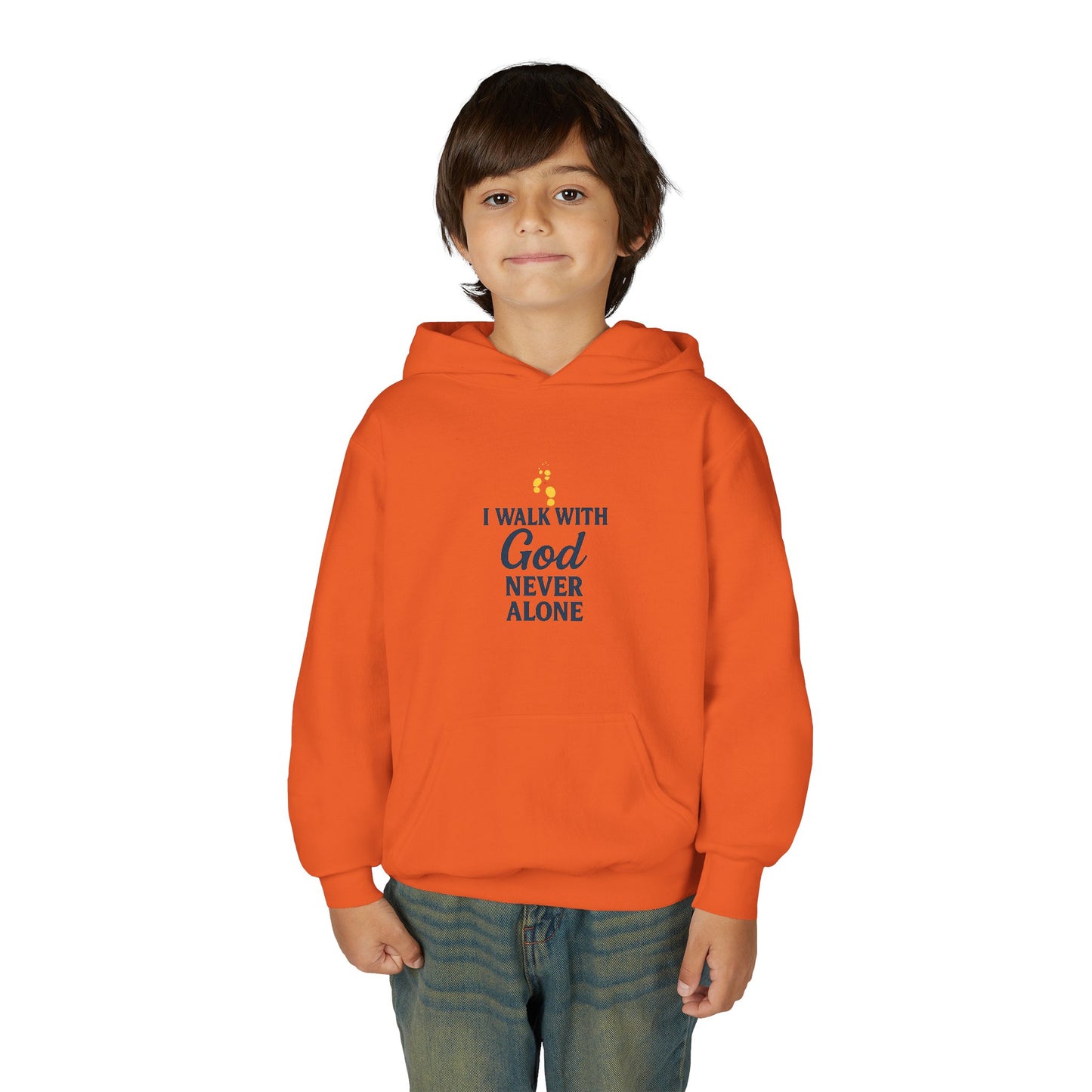 Youth Faith Hoodie – “I Walk With God Never Alone”  Cozy Christian Sweatshirt for Kids