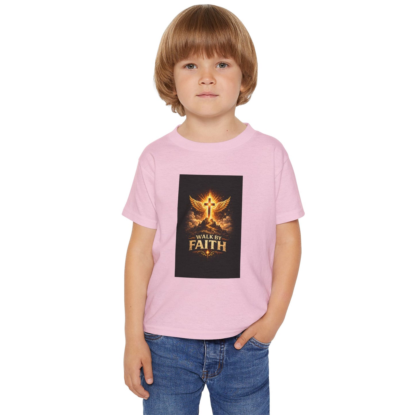 Toddler T‑Shirt — Walk By Faith Golden Cross & Wings Christian Shirt