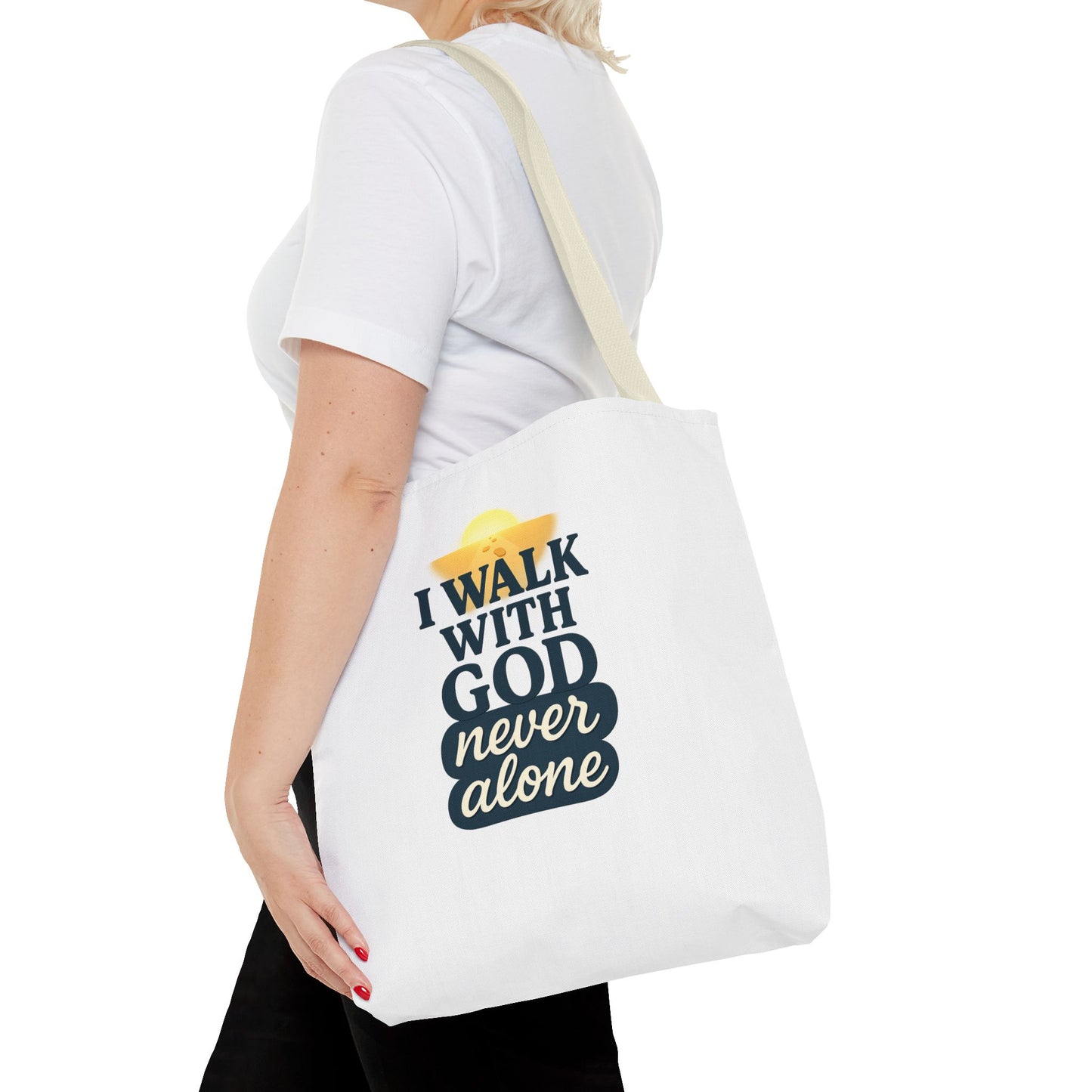Inspirational Tote Bag - I Walk with God Never Alone, Faith Gift, Motivational Bag, Scripture Tote, Church Accessory, Christian Merchandise