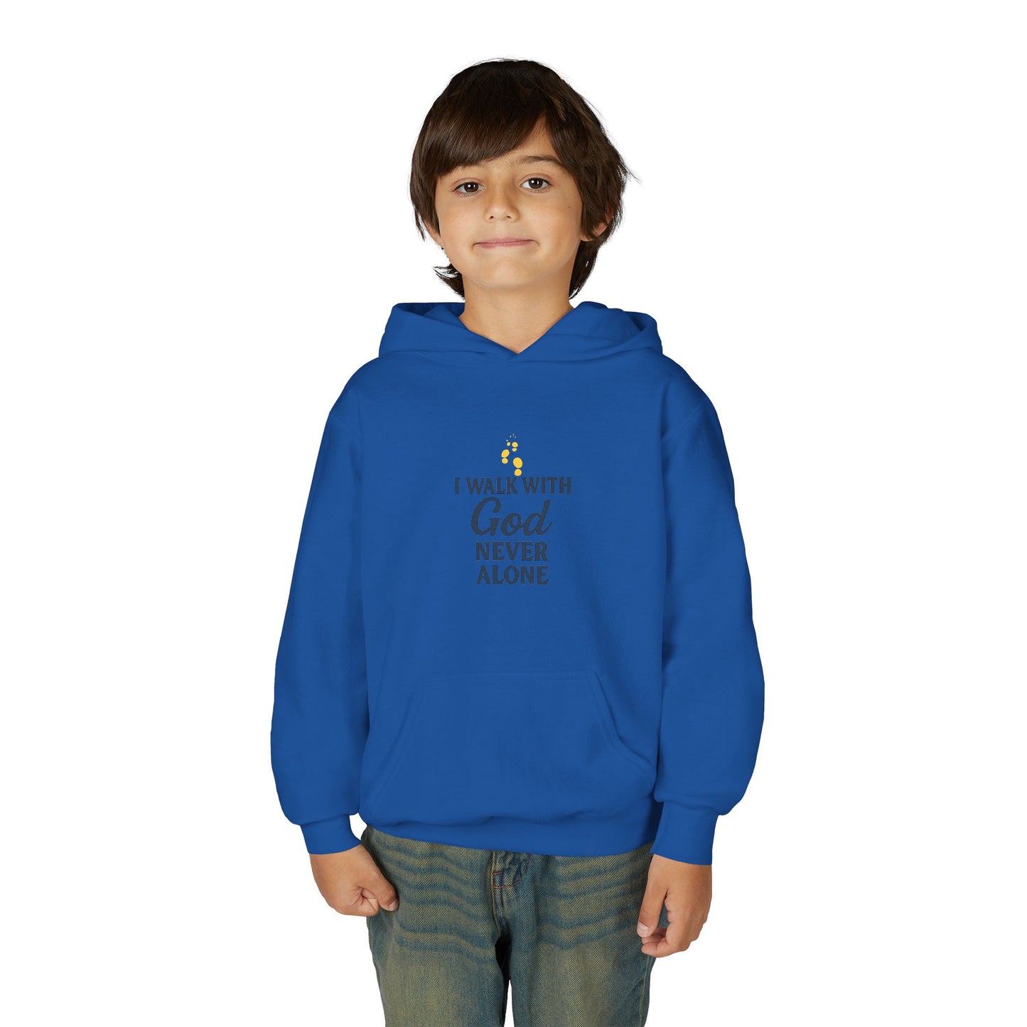 Youth Faith Hoodie – “I Walk With God Never Alone”  Cozy Christian Sweatshirt for Kids