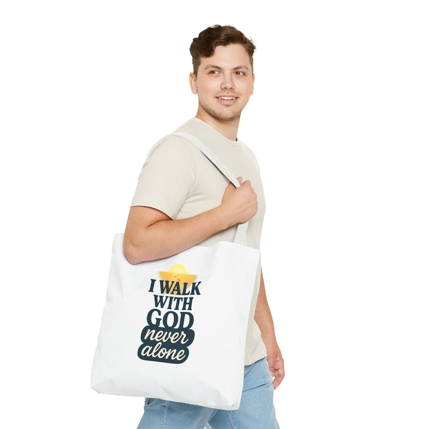 Inspirational Tote Bag - I Walk with God Never Alone, Faith Gift, Motivational Bag, Scripture Tote, Church Accessory, Christian Merchandise
