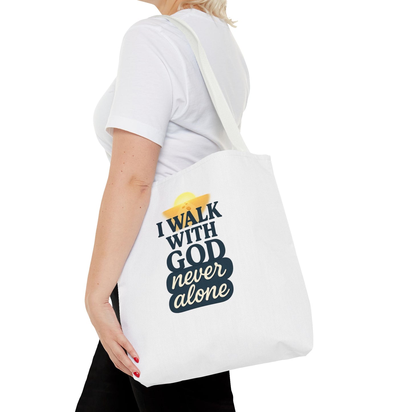Inspirational Tote Bag - I Walk with God Never Alone, Faith Gift, Motivational Bag, Scripture Tote, Church Accessory, Christian Merchandise