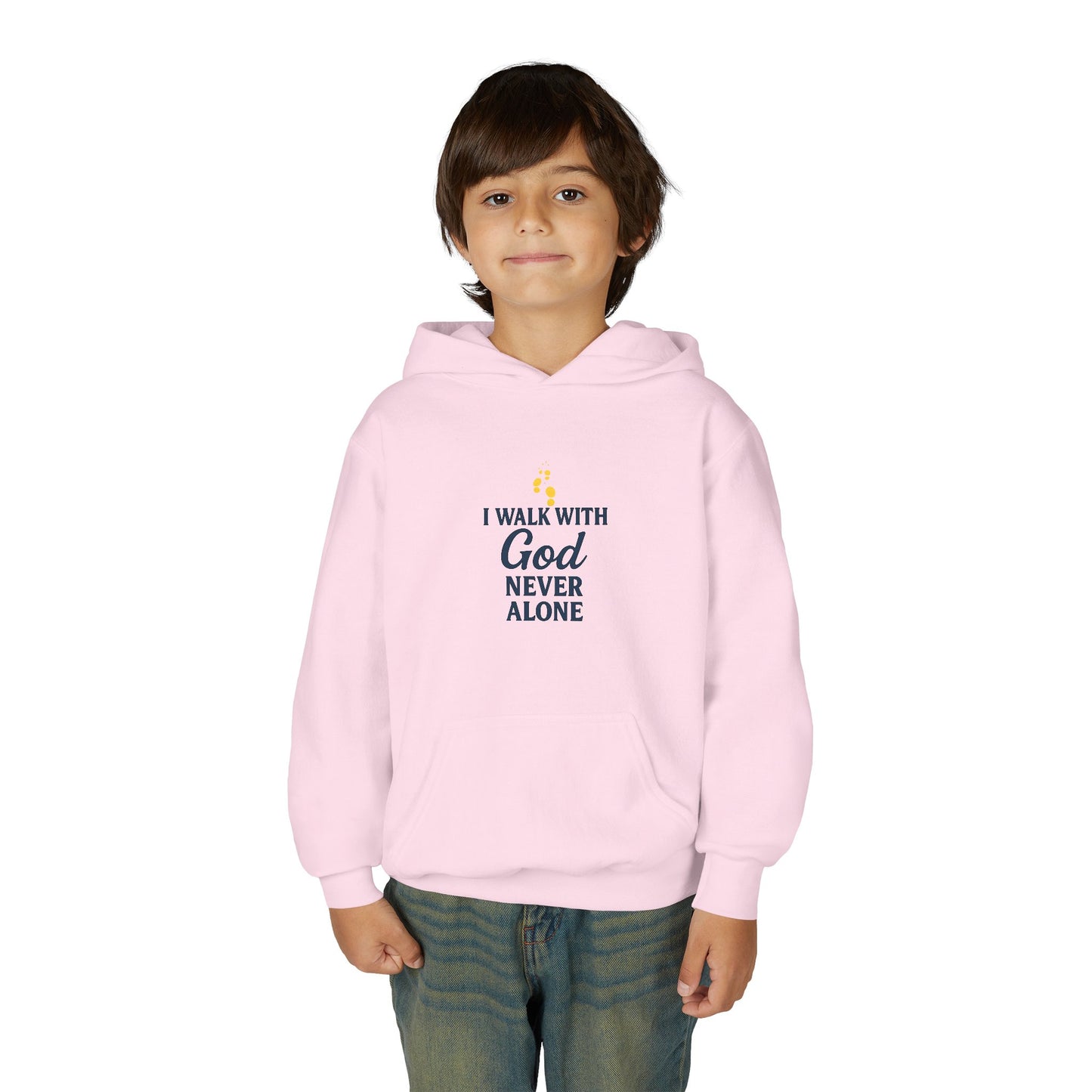 Youth Faith Hoodie – “I Walk With God Never Alone”  Cozy Christian Sweatshirt for Kids